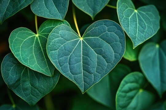 Close-up of heart-shaped green leaves with intricate veins, soft lighting and a calm refreshing mood