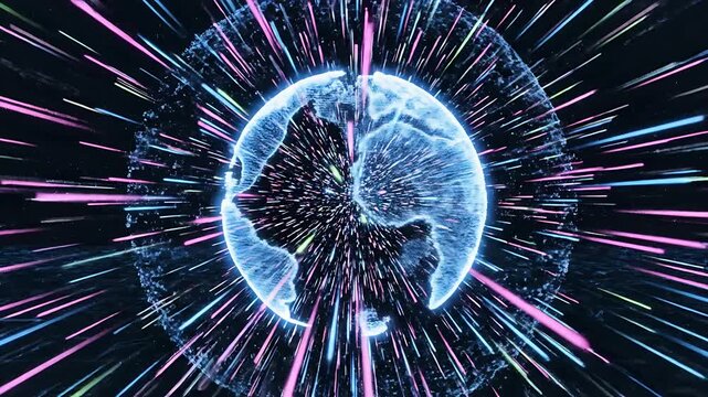 Digital Earth Network with Light Streaks - Global Connectivity and Data Flow.