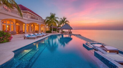 Obraz premium Luxurious waterfront residence showcases infinity pool illuminated against a vibrant twilight sky