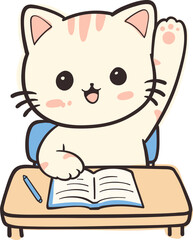 Cute Cat Student Raising Paw