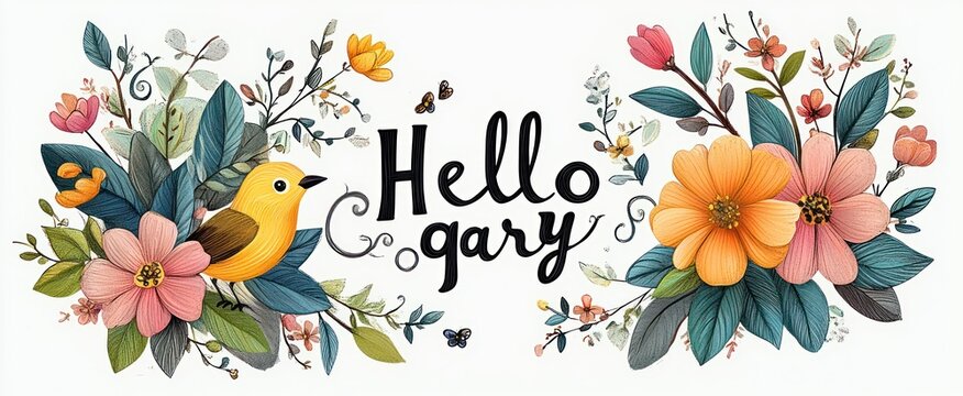 Whimsical hand-lettered hello gary greeting framed by colorful blooming flowers, leafy branches, small yellow bird and butterflies, cheerful welcoming floral illustration