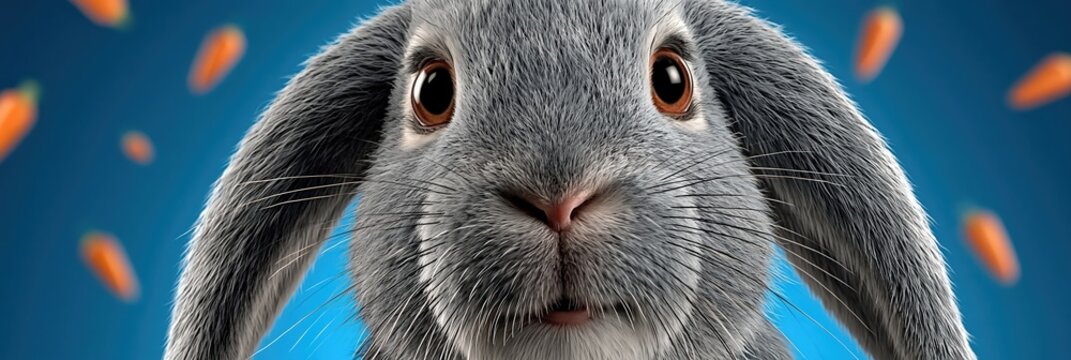 Bunny with Orange Carrots in a Blue Background