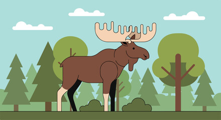 A cartoon moose stands in a forest © Apri