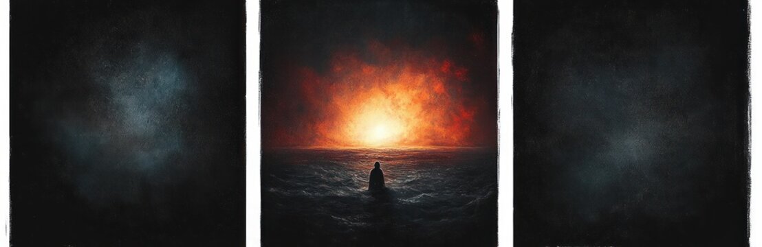 triptych showing a lone silhouetted figure in a turbulent sea facing a blazing sun on the horizon between two dark textured panels, evoking solitude and awe