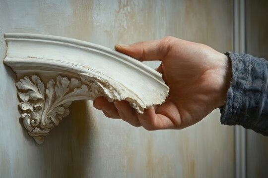 cautious hand holding a chipped ornate plaster corbel with acanthus leaf motif against a distressed painted wall during delicate repair