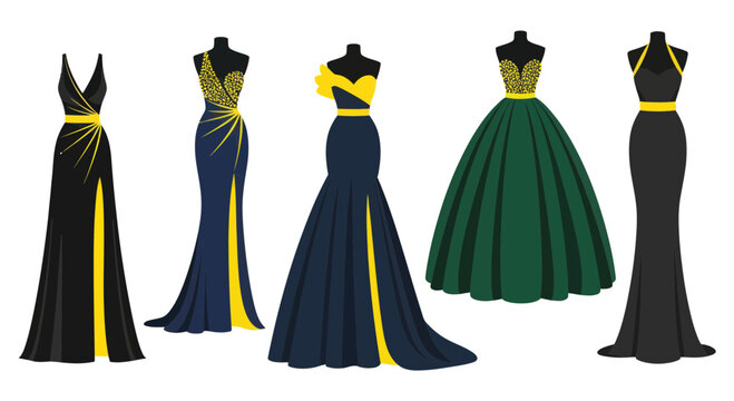 Elegant Evening Gowns Collection - Black, Navy, Green, Yellow Accents