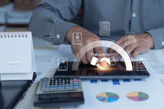 Digital procurement concept with tablet interface, handshake icon, invoices and business reports showing supplier management and purchasing workflow.