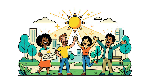 People celebrate having daylight saving time in a city park with friends.