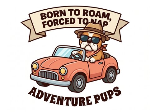 adventure slogan with cute puppy ganster in the car graphic vector illustration, isolated on white