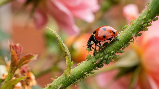 Ladybug feeding on rose stem with aphids in garden