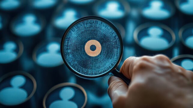 Hand holding a magnifying glass over rows of blue circular user icons, magnifying one circle to reveal a glowing digital circuit target conveying focused scrutiny and selection