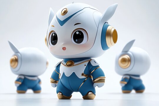 three glossy chibi robots in blue white and gold with big expressive eyes standing on a reflective surface, looking curious and innocent