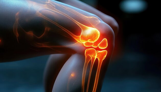 glowing inflamed knee joint inside a translucent leg silhouette, bones and patella highlighted with warm orange heat suggesting acute pain and discomfort