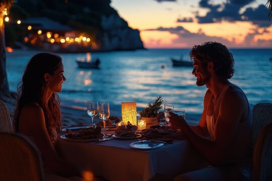 Candlelit romantic seaside dinner at sunset with a couple seated at a table on the beach, wine glasses, plates, glowing lantern, moored boats and string lights