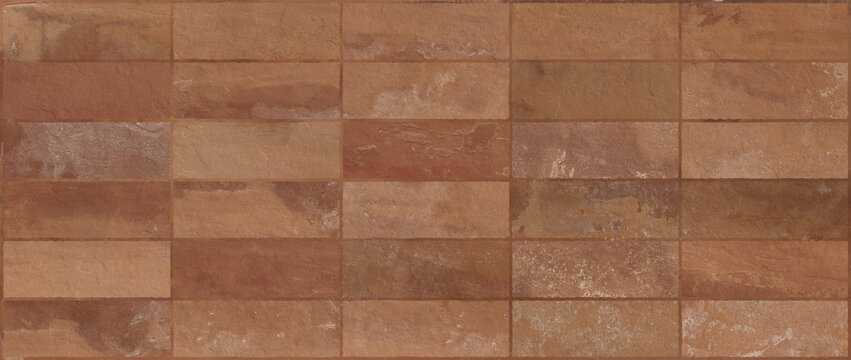 Rustic terracotta brick wall texture, weathered brown ceramic tile background, earthy clay masonry surface for architectural design and interior decor