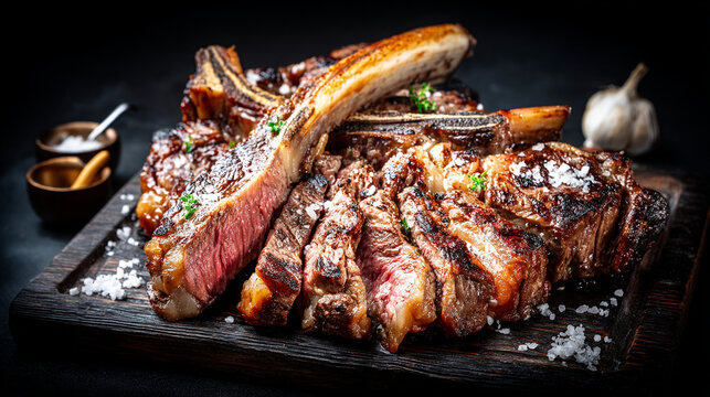 Impressive grilled beef rib steak, sliced and seasoned with garlic and herbs, medium rare