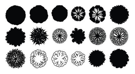 Collection of various tree top view silhouettes for landscape architectural design © Saharia