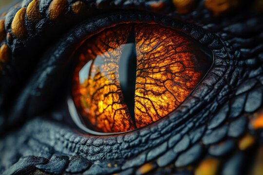 close-up of a reptile eye with fiery amber cracked iris, vertical slit pupil and textured black and yellow scales conveying an intense vigilant stare
