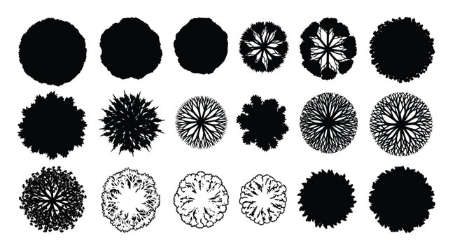 Collection of various tree top view silhouettes for landscape architectural design