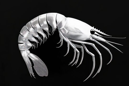metallic silver shrimp on deep black background showing segmented body, long antennae, multiple walking legs, swimmerets and tail fan, elegant clinical and striking marine study