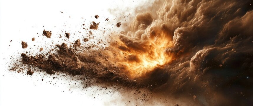 fiery orange core bursting within billowing dark smoke and scattering dirt and rock debris, dramatic explosive dust cloud conveying intense energy and chaos