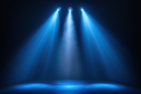 three blue spotlights illuminating an empty smoky stage, creating a dramatic and mysterious atmosphere