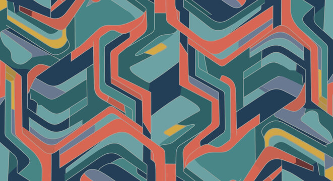 Abstract geometric pattern with flowing lines and hexagonal shapes in teal, orange, and yellow.