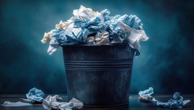 Overfilled metal bin of crumpled blue and white paper on wooden table, scattered sheets around conveying frustration and creative clutter