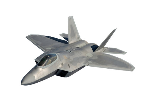 Modern stealth fighter jet, F-22 Raptor, isolated on white background, front 3/4 view, aeronautical technology