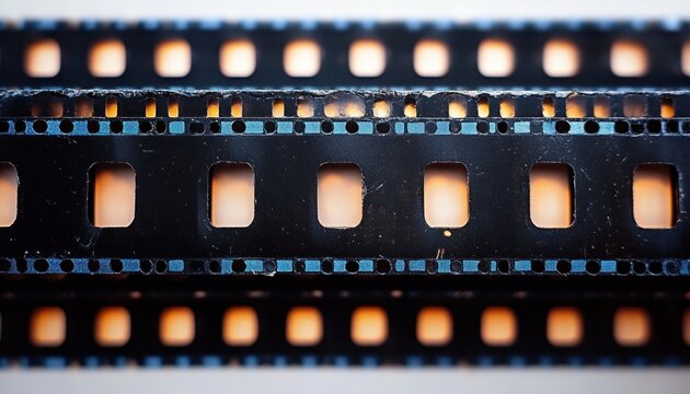 close-up of stacked black photographic film strips with square frames and sprocket holes backlit by a warm orange glow evoking nostalgia