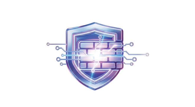 Digital illustration of a shield with circuit board and firewall pattern symbolizing cybersecurity.