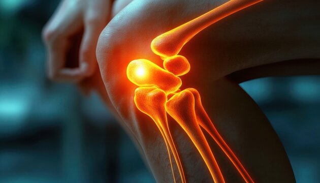 Close-up of a human knee with glowing internal bones and joint highlighted in orange, blurred hand in background suggesting pain and discomfort
