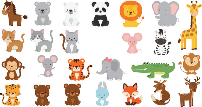 Cute Cartoon Animal Collection Featuring Lion Elephant Giraffe Panda Tiger Monkey Fox Deer Crocodile and Bear in Adorable Kids Vector Illustration.
