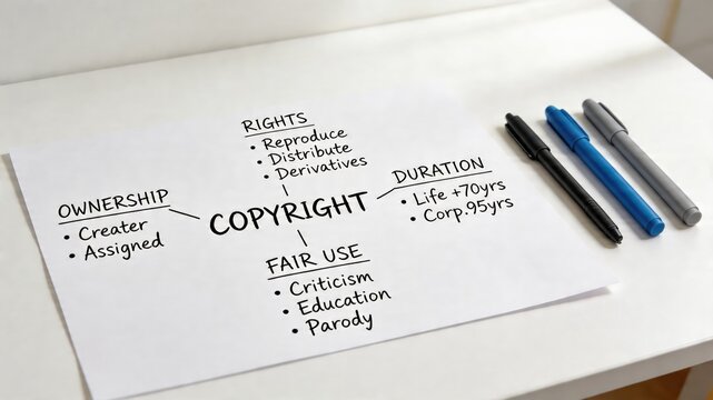 A detailed diagram of copyright information on a white paper with three pens on a desk, illustrating key concepts and guidelines for creative work protection and fair use.