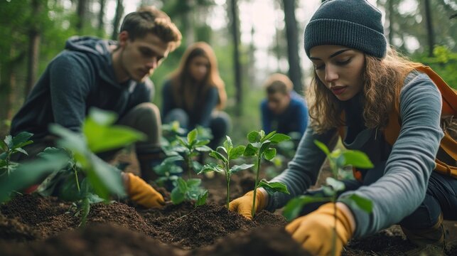 Volunteers planting young saplings in a forest, kneeling with gloved hands, focused and caring teamwork