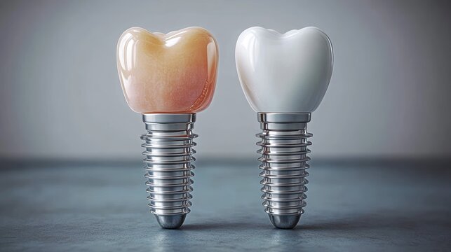 Two dental implants with threaded titanium posts and ceramic crowns on a neutral grey surface, one warm shaded crown and one bright white crown, clinical and reassuring