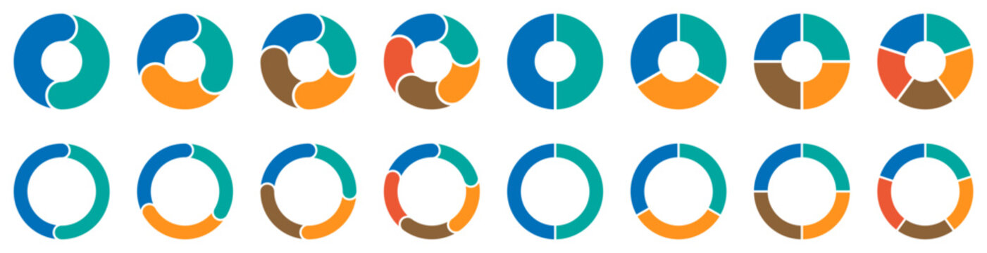 Vector set of pie circle chart with color and arrow. infographic diagram divided into 2 to 5 sections.