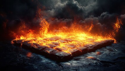 Fototapeta premium Square stone platform engulfed in roaring flames on cracked dark ground beneath a smoke-filled stormy sky, intense apocalyptic heat and glowing embers
