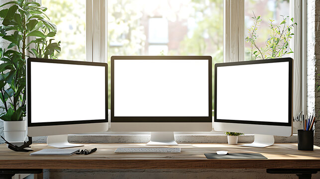 Triple Monitor Computer Setup on Wooden Desk with Natural Light.