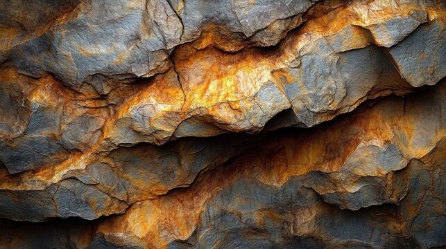 textured rocky cliff face with orange oxidized streaks, deep crevices and dramatic warm lighting conveying an ancient rugged mood