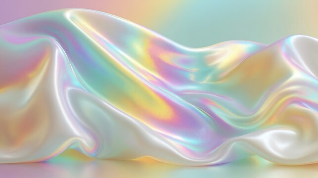 Abstract iridescent gradient, holographic sheen with rainbow reflections, pearl white base, futuristic and dreamy