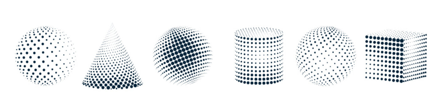 Halftone dot patterns spheres, cylinders, and geometric shapes for abstract and modern designs.