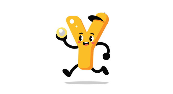 Energetic letter Y character dressed as a baseball player with a cap and ball, running in an action pose for sports themes.