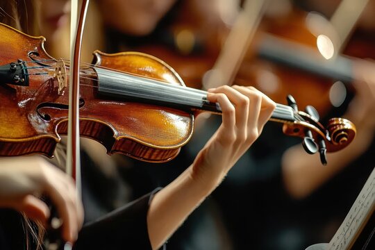 Close-up of violinist's hands playing a polished wooden violin with bow in an orchestra, warm lighting and focused, expressive performance