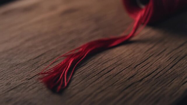Close Up Red Thread Spool Unwinding Across Wooden Surface.