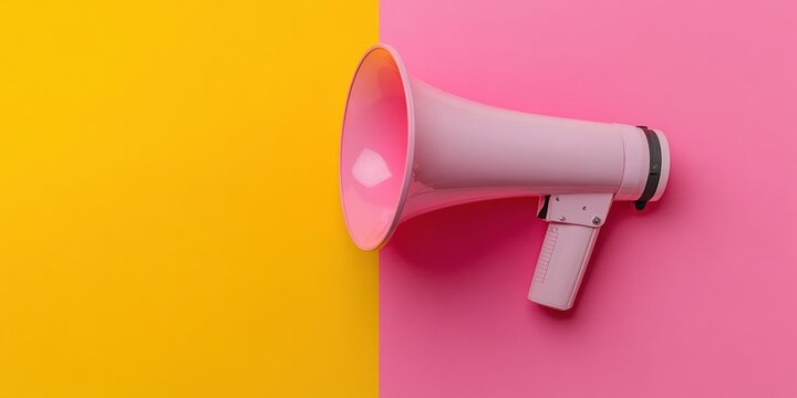 pink megaphone on a split yellow and pink background, bold vibrant composition conveying a playful energetic announcement and attention-grabbing message