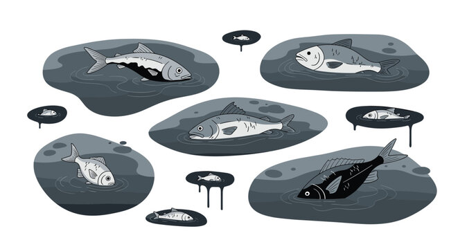 Several dead fish float on the surface of dark polluted water with oil spills to illustrate the environmental impact of industrial waste.