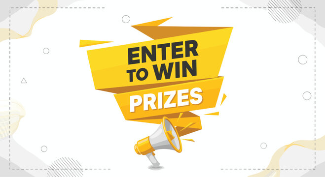 Bold yellow banner with the text enter to win prizes features a white and yellow megaphone on a clean background with abstract design elements.