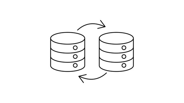 Database Integration and Data Synchronization Vector Icon Illustration. Minimalist Black Line Art Representing CRM Data Transfer Between Two Servers with Editable Stroke on White Background.