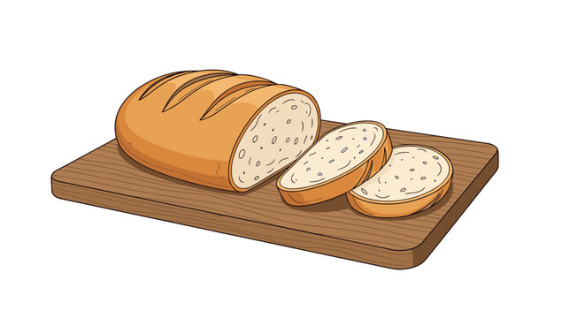Loaf of freshly baked crusty bread is sliced on a rustic wooden cutting board showing its soft white interior and golden brown outer shell.